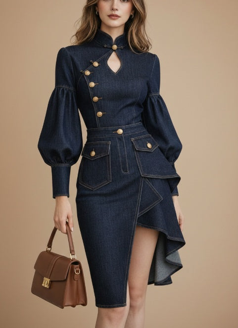 Architectural denim midi dress for women