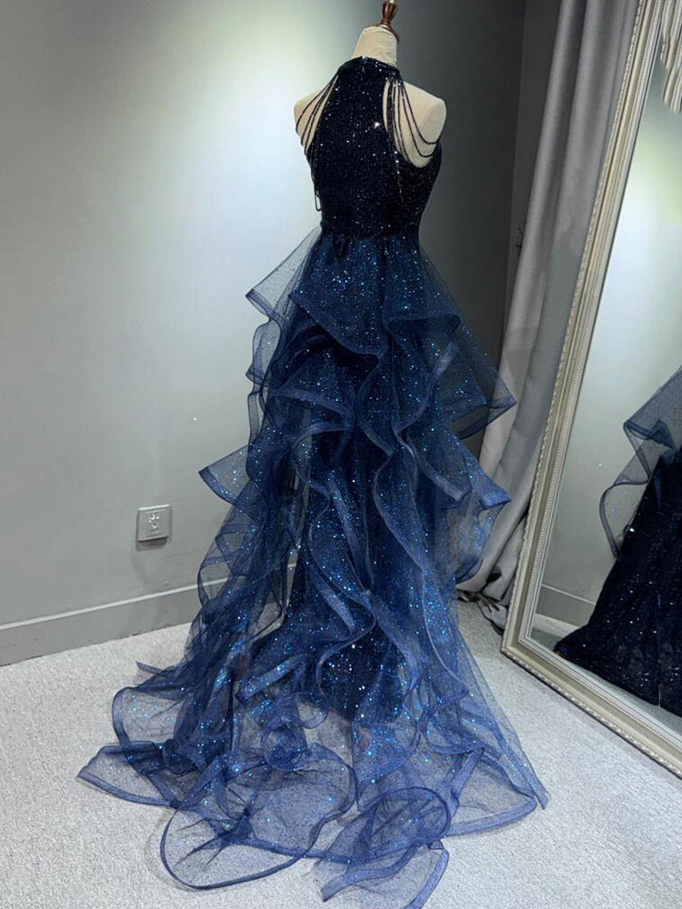 Elegant women’s sequin halter evening gown
