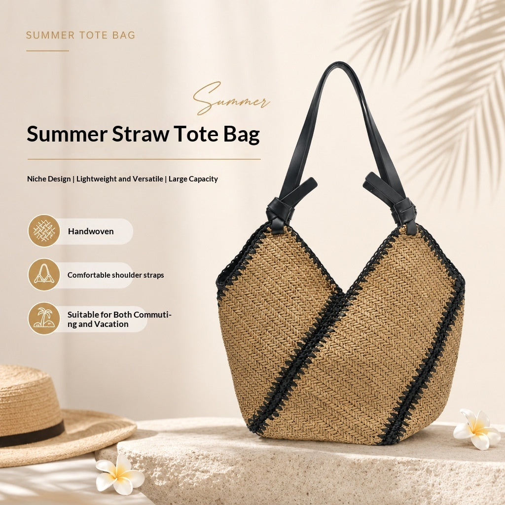Large capacity striped straw tote bag