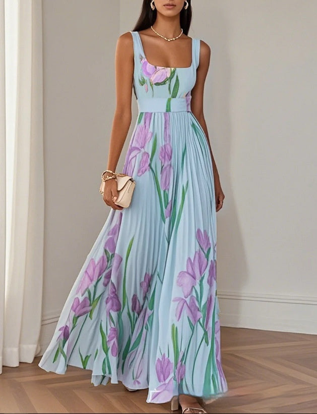 Sleeveless floral A-line dress full view