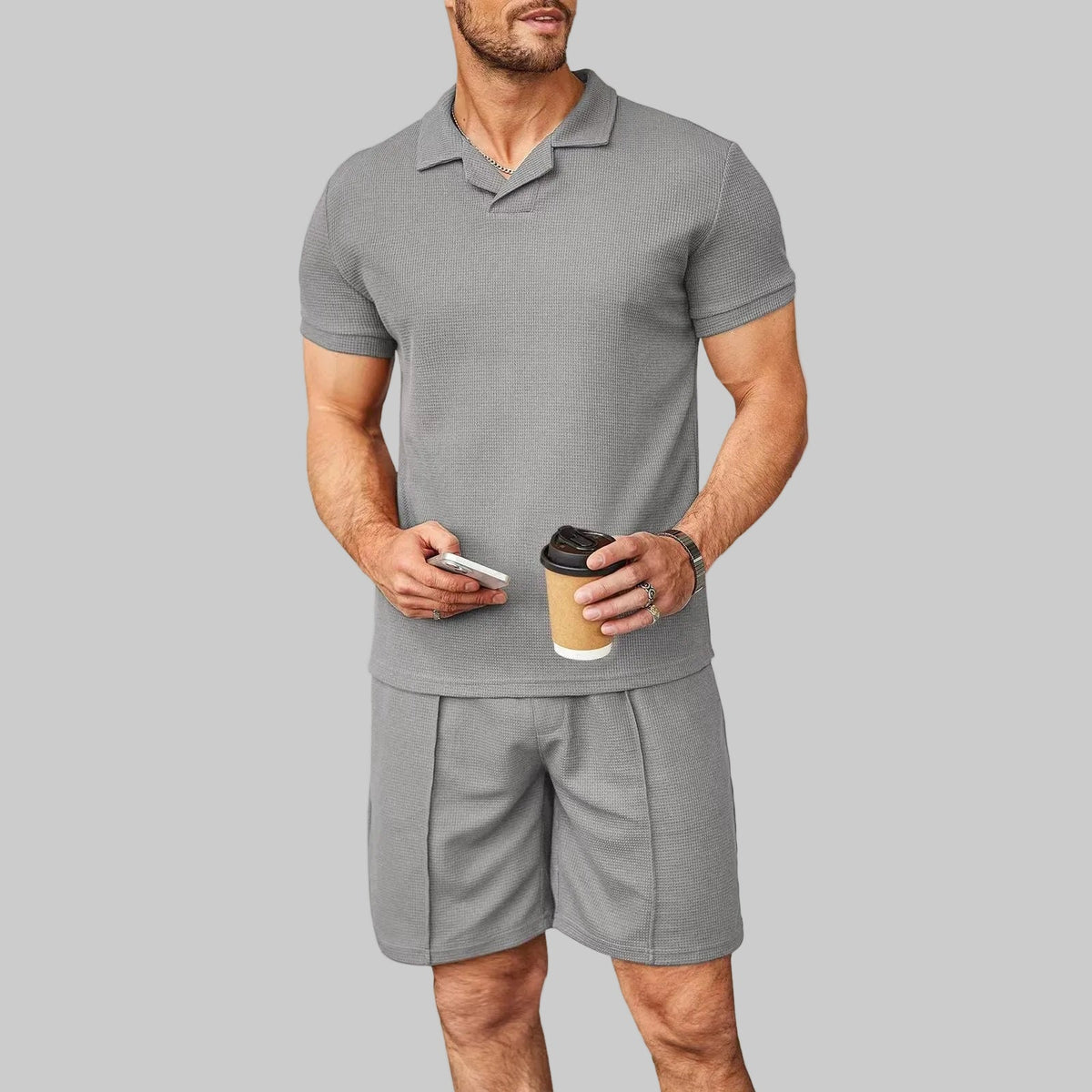 V-neck polo shirt two-piece outfit