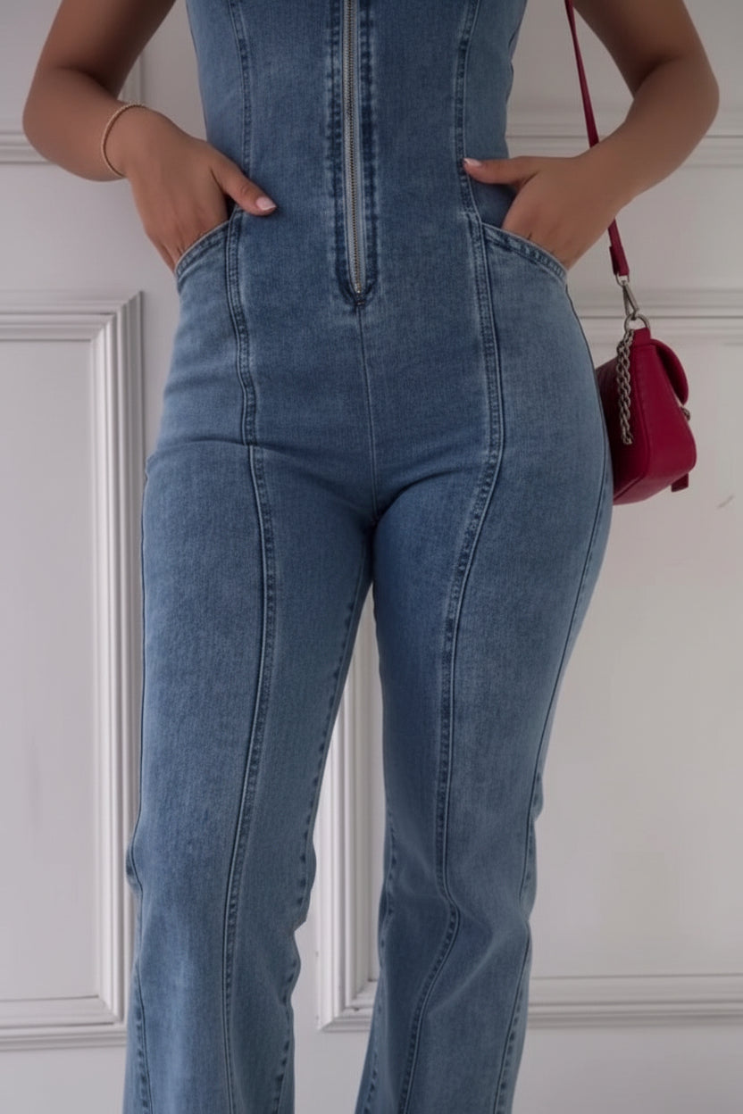 Women's sleeveless paneled zipper denim jumpsuit