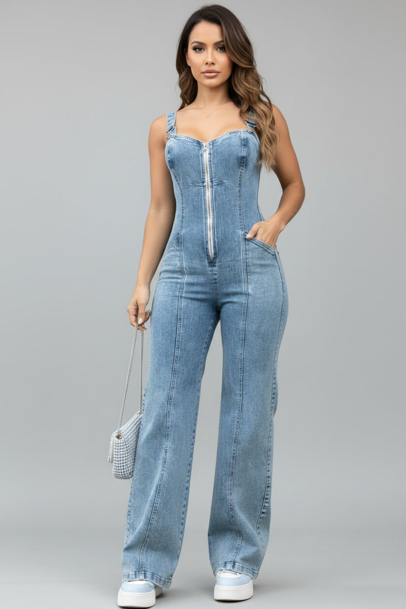 Women's sleeveless paneled zipper denim jumpsuit