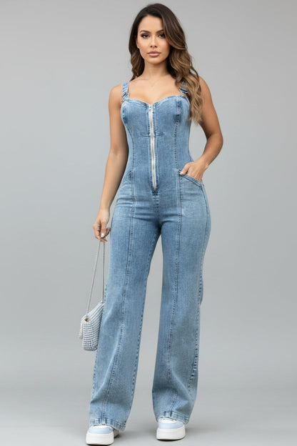 Women's sleeveless paneled zipper denim jumpsuit