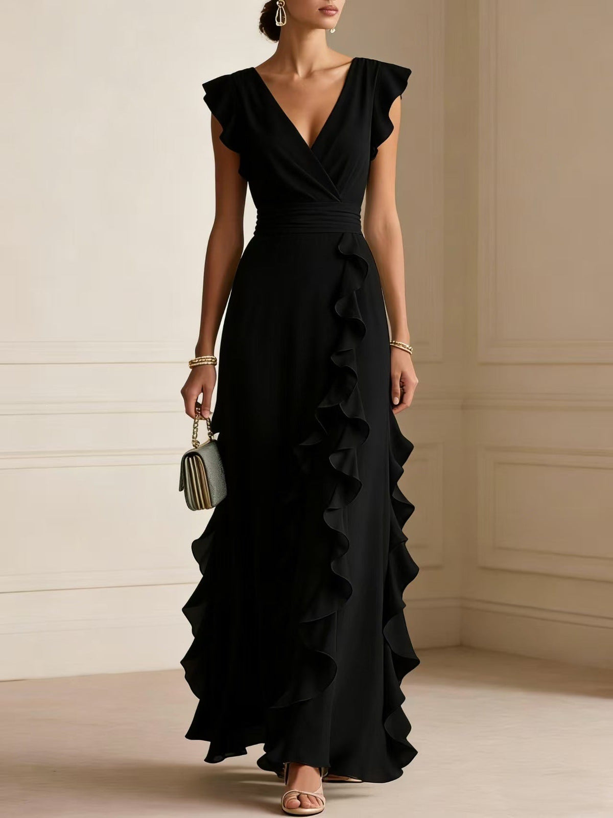 Women's sleeveless ruffle maxi gown