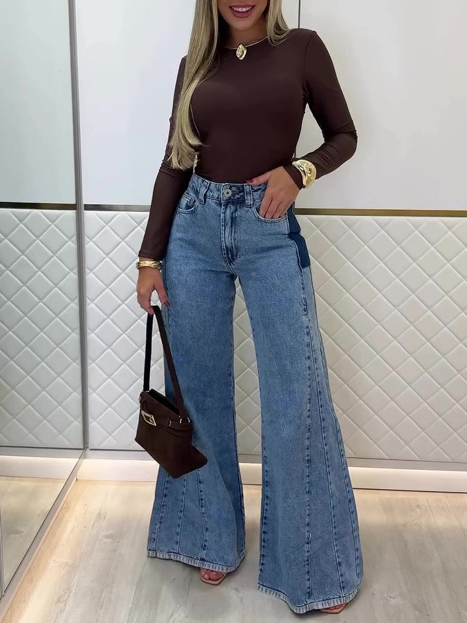 Women’s trendy light blue high-waisted flared jeans