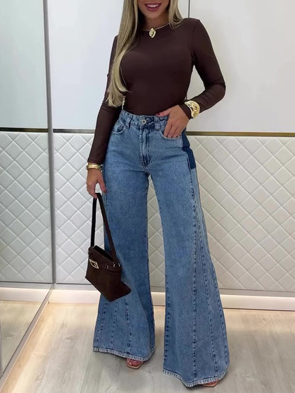 Women’s trendy light blue high-waisted flared jeans